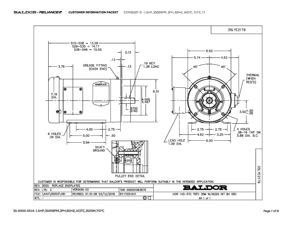 Baldor 1.5 HP, 3500 RPM, 3 Phase, 60 Hz, 143TC, TEFC, F1 - CEM3550T-G - Image 10