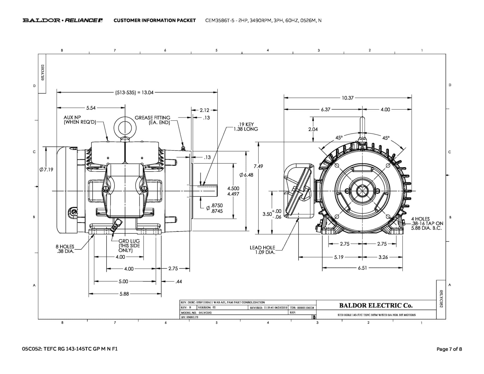 Baldor 2 HP, 3490 RPM, 3 Phase, 60 Hz, 0526M, N - CEM3586T-5 (575 VAC Only) - Image 10
