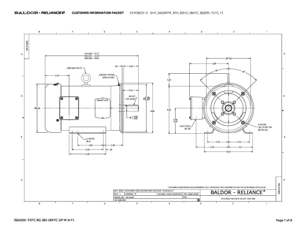 Baldor 5 HP, 3450 RPM, 3 Phase, 60 Hz, 184TC, 3630M, TEFC, F1 - CEM3613T-5 (575 VAC Only) - Image 10