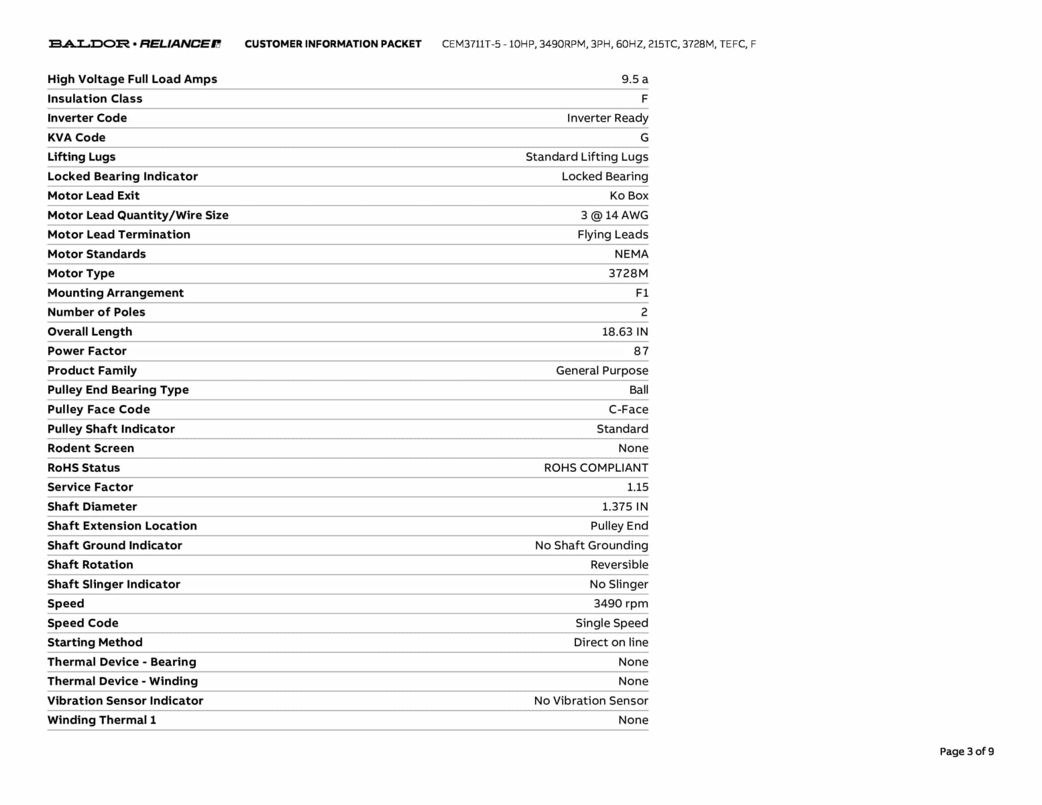 Baldor 15 HP, 3500 RPM, 3 Phase, 60 Hz, 215TC, 3752M, TEFC, F - CEM3713T-5 (575 VAC Only) - Image 6