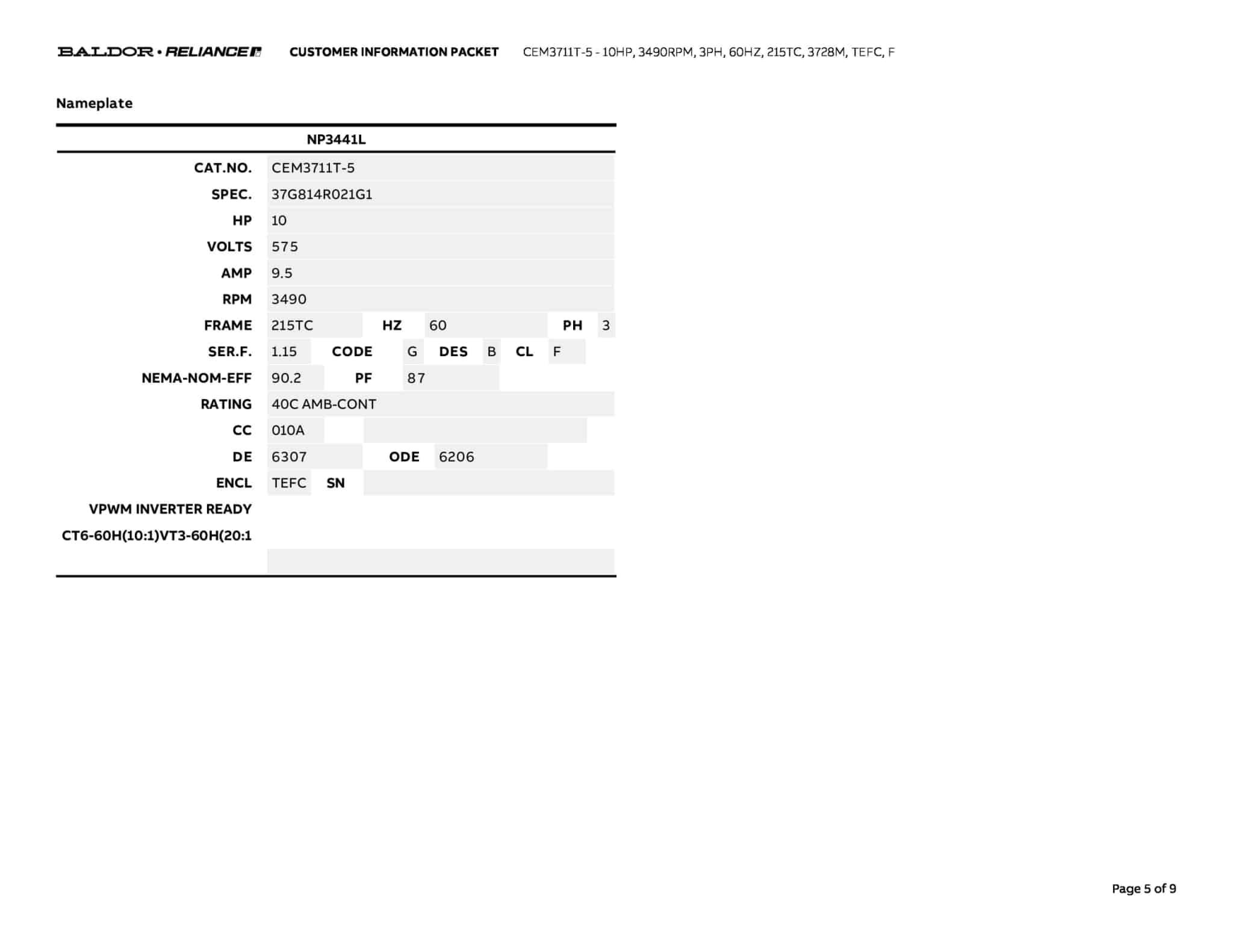 Baldor 15 HP, 3500 RPM, 3 Phase, 60 Hz, 215TC, 3752M, TEFC, F - CEM3713T-5 (575 VAC Only) - Image 8