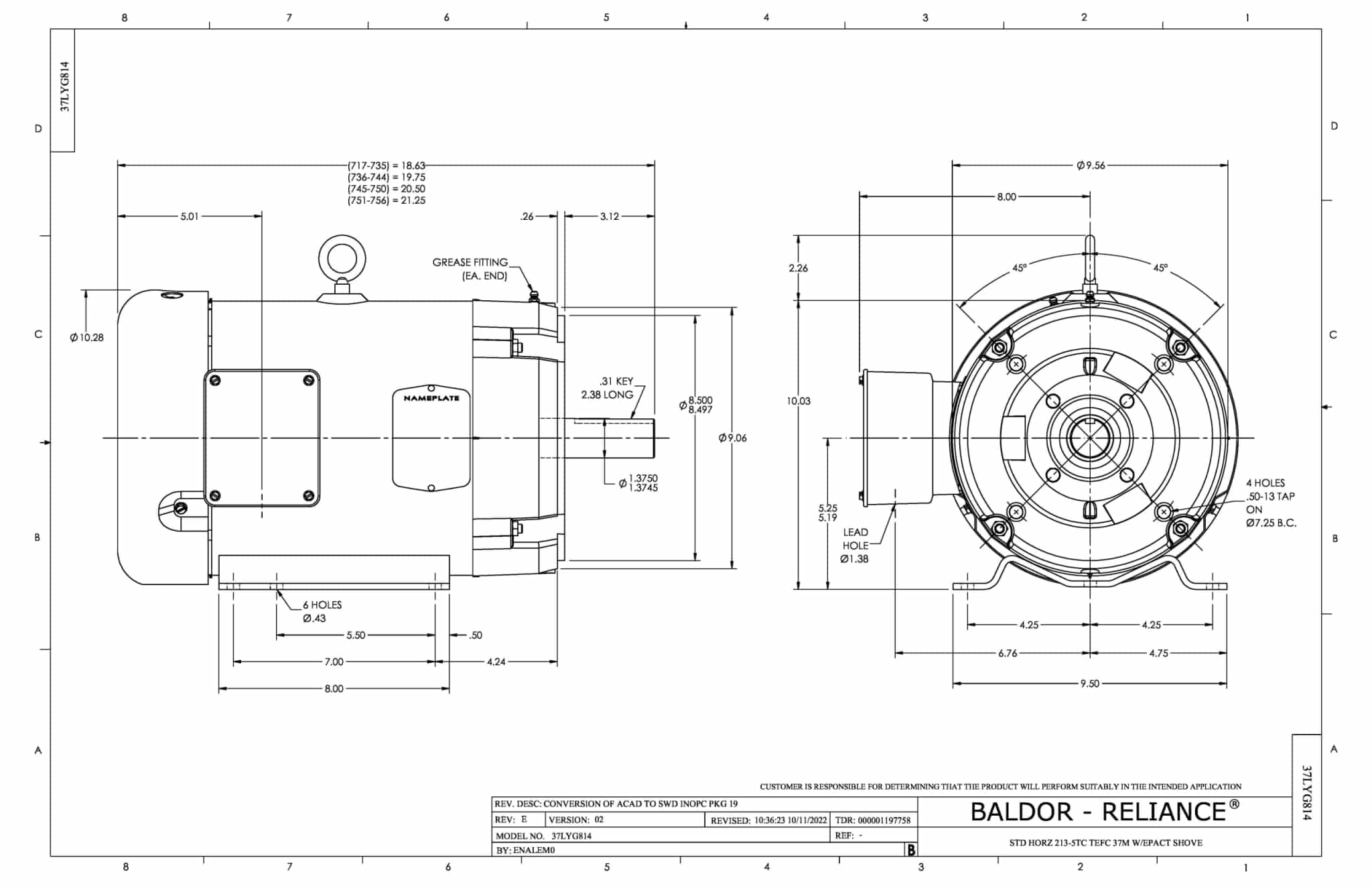 Baldor 10 HP, 1770 RPM, 3 Phase, 60 Hz, 215TC, 3752M, TEFC, F - CEM3714T-5 (575 VAC Only) - Image 2