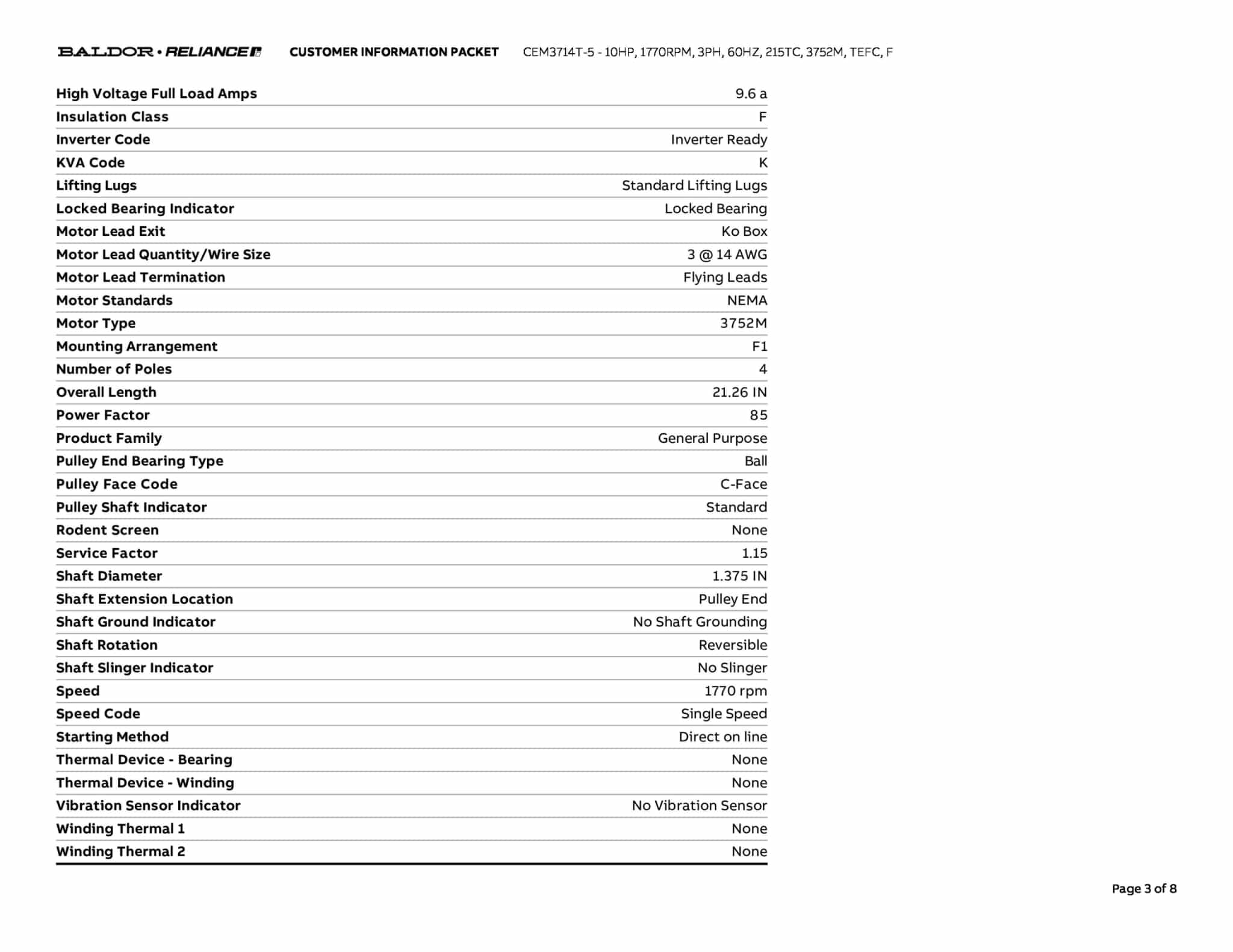 Baldor 10 HP, 1770 RPM, 3 Phase, 60 Hz, 215TC, 3752M, TEFC, F - CEM3714T-5 (575 VAC Only) - Image 6