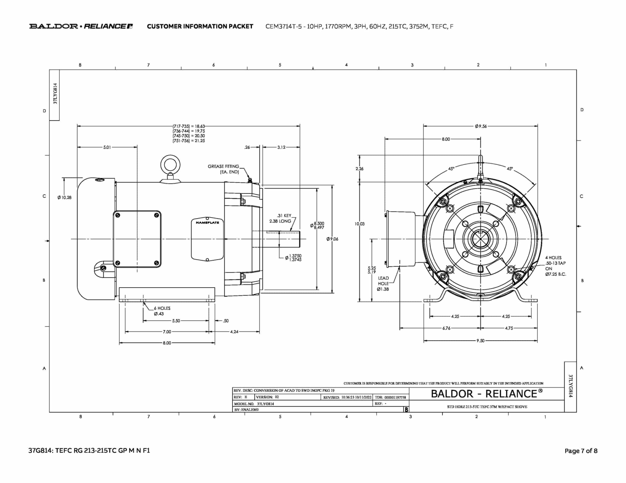 Baldor 10 HP, 1770 RPM, 3 Phase, 60 Hz, 215TC, 3752M, TEFC, F - CEM3714T-5 (575 VAC Only) - Image 10