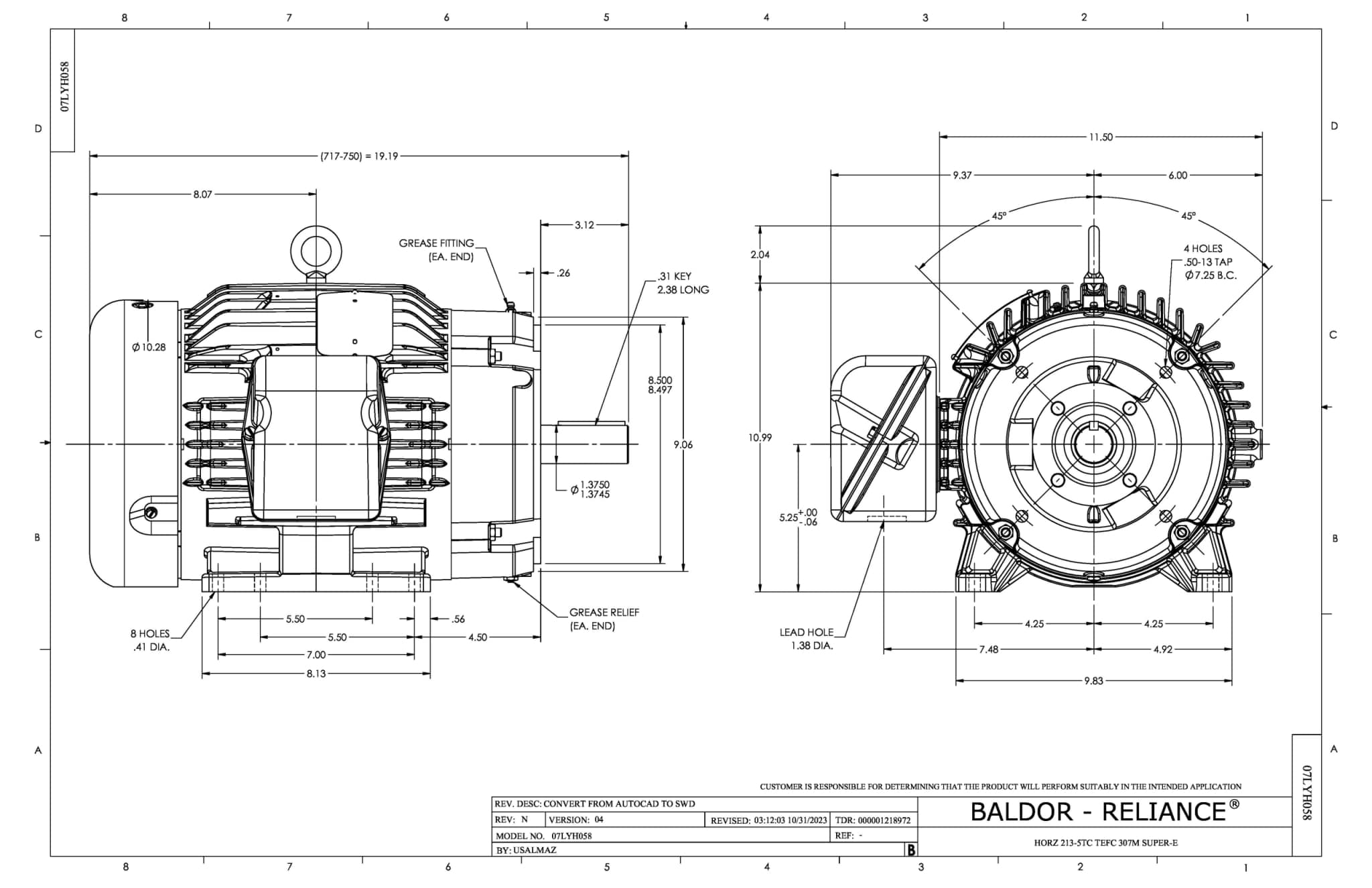 Baldor 7.5 HP, 1770 RPM, 3 Phase, 60 Hz, 213TC, 0738M, TEFC - CEM3770T-5 (575 VAC Only) - Image 2