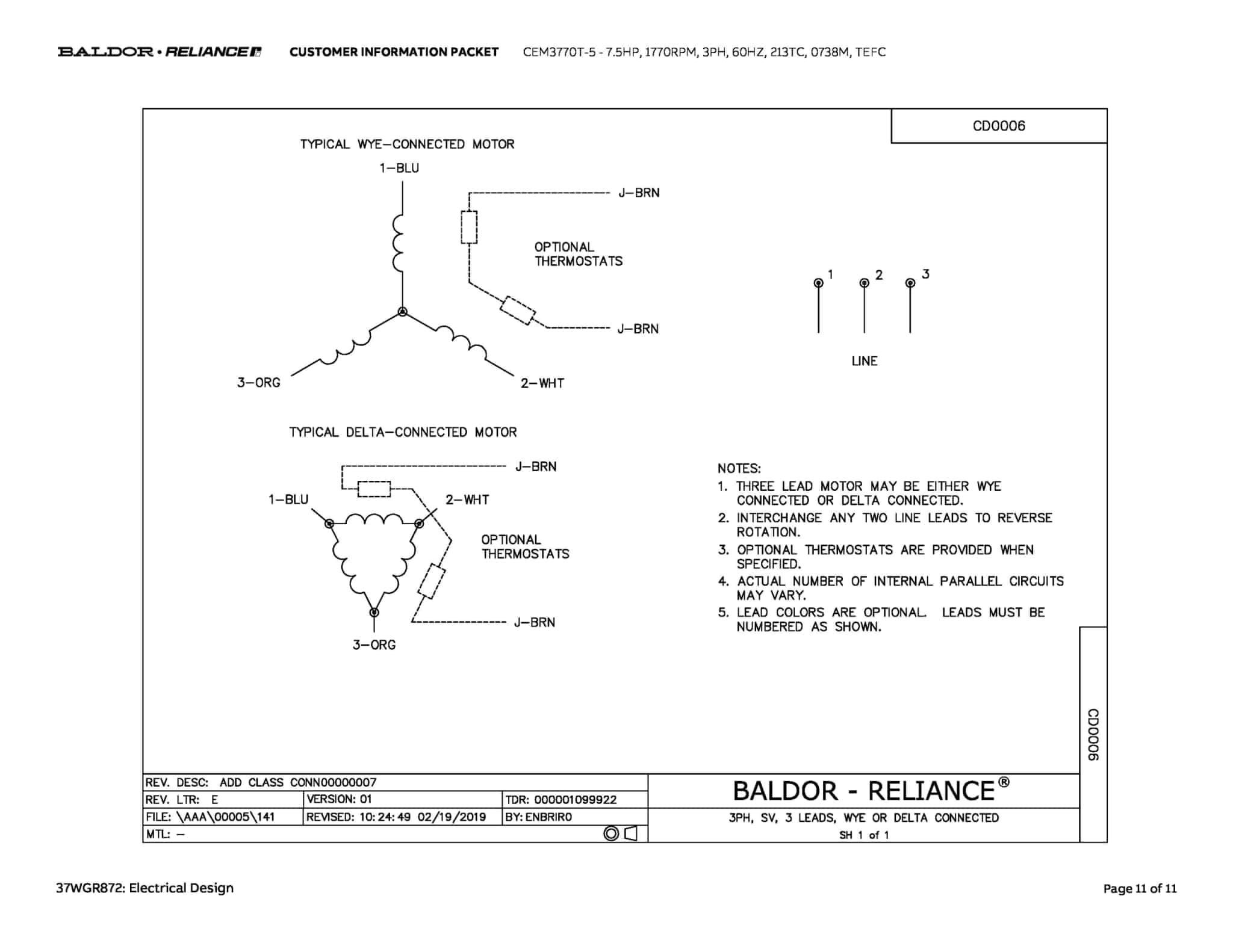 Baldor 7.5 HP, 1770 RPM, 3 Phase, 60 Hz, 213TC, 0738M, TEFC - CEM3770T-5 (575 VAC Only) - Image 14