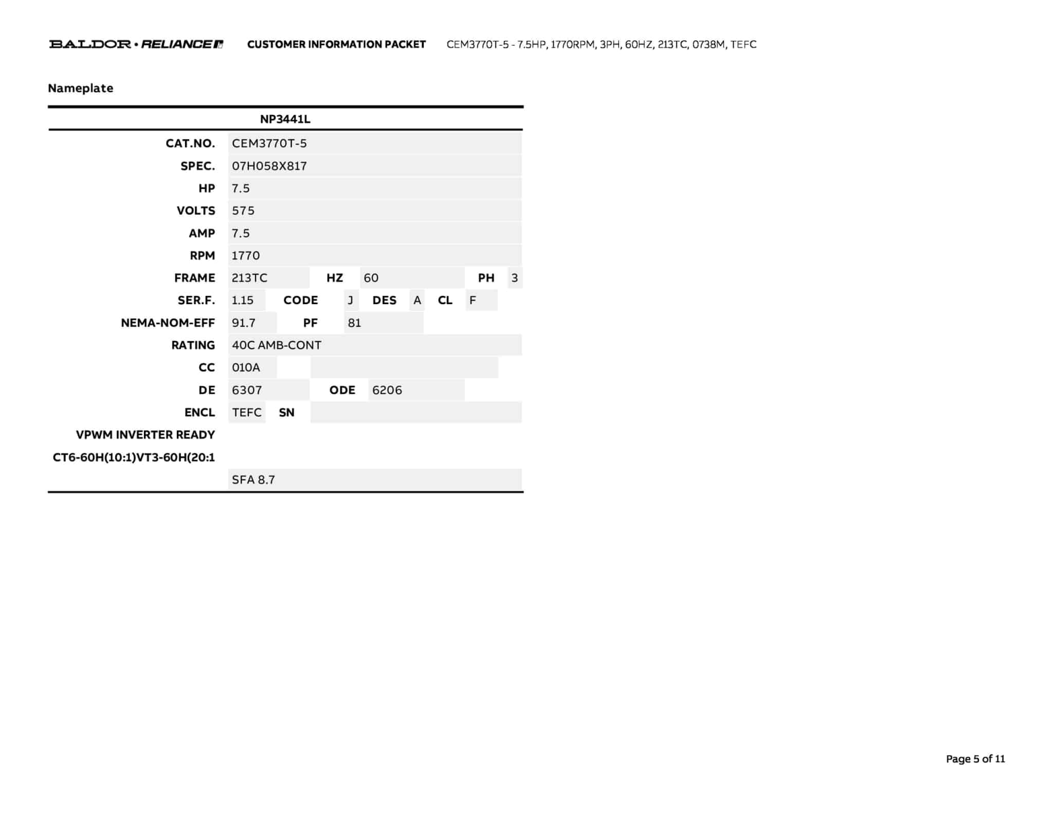 Baldor 7.5 HP, 1770 RPM, 3 Phase, 60 Hz, 213TC, 0738M, TEFC - CEM3770T-5 (575 VAC Only) - Image 8