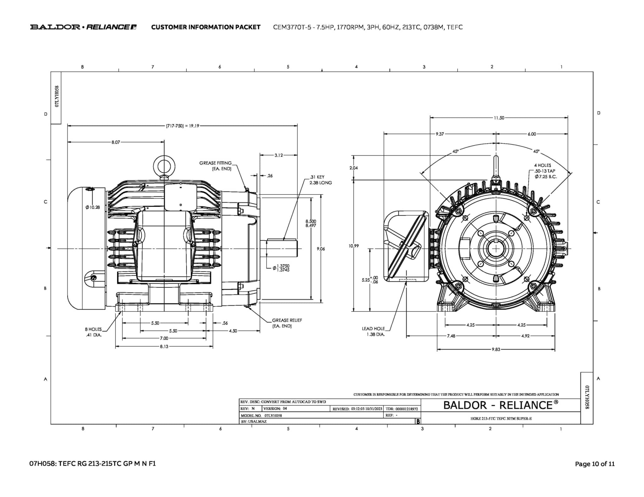 Baldor 7.5 HP, 1770 RPM, 3 Phase, 60 Hz, 213TC, 0738M, TEFC - CEM3770T-5 (575 VAC Only) - Image 13