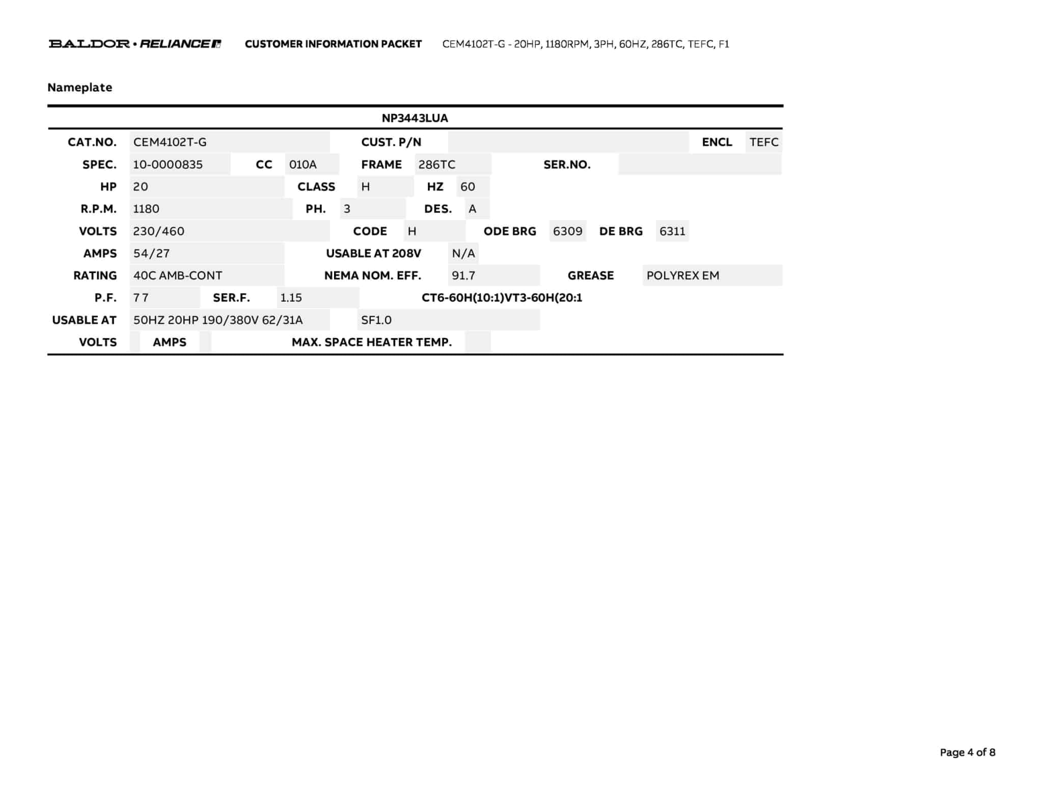 Baldor 20 HP, 1180 RPM, 3 Phase, 60 Hz, 286TC, TEFC, F1 - CEM4102T-G - Image 7