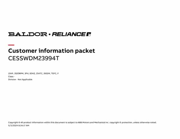 Baldor 15 HP, 3520 RPM, 3 Phase, 60 Hz, 254TC, 3952M, TEFC, F - CESSWDM23994T - Image 4