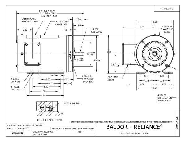 Baldor 1 HP, 1760 RPM, 3 Phase, 60 Hz, 56HC, TENV, F1 - CESSWDM3546-H - Image 2
