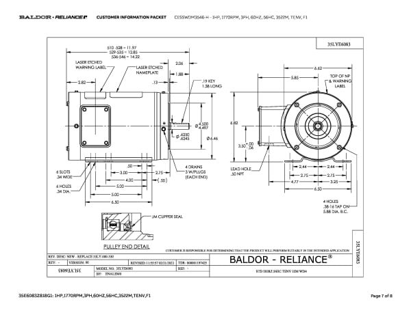 Baldor 1 HP, 1760 RPM, 3 Phase, 60 Hz, 56HC, TENV, F1 - CESSWDM3546-H - Image 10