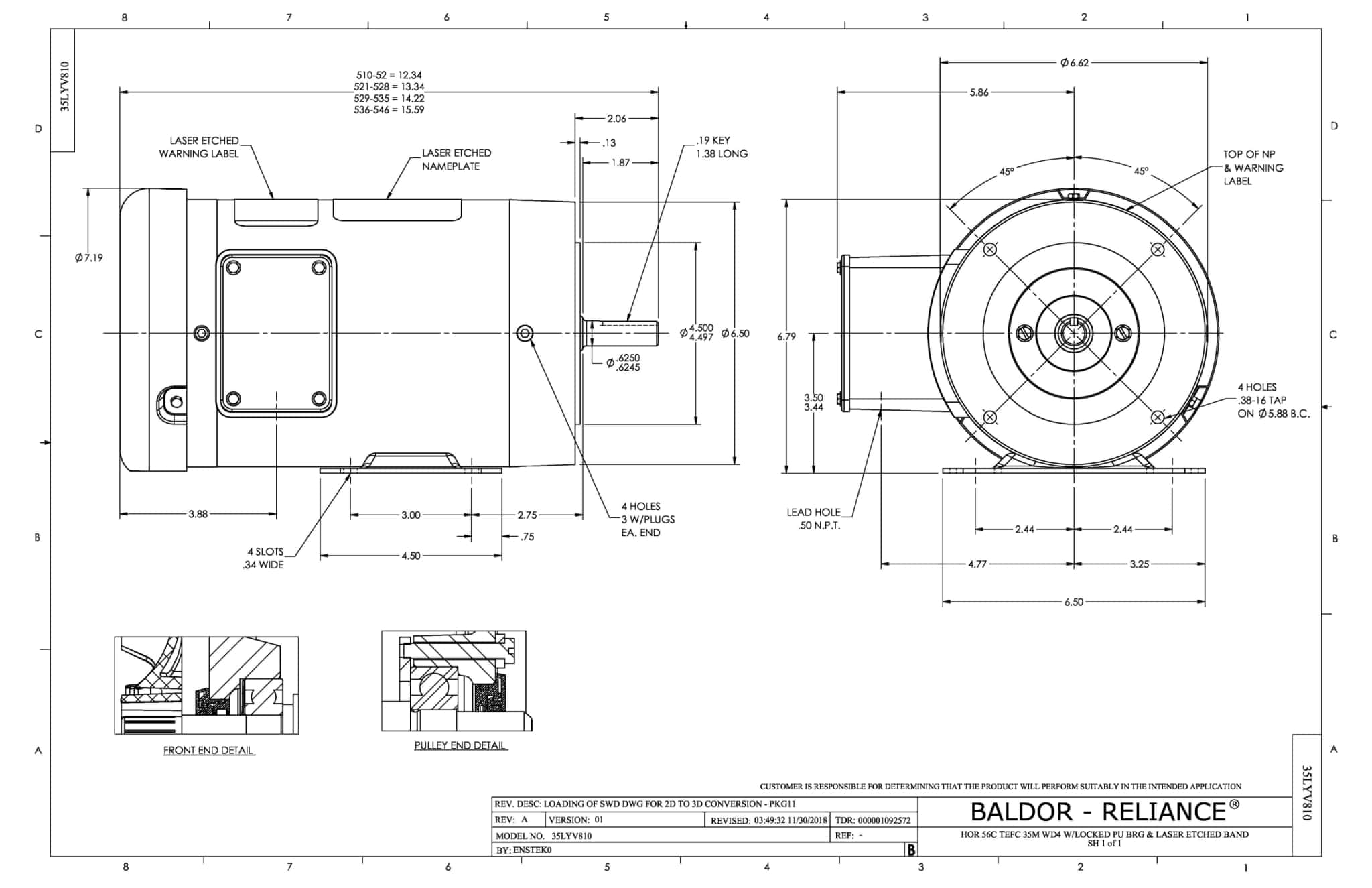Baldor 1.5 HP, 1770 RPM, 3 Phase, 60 Hz, 56C, 3524M, TEFC, F1 - CESSWDM3554 - Image 2