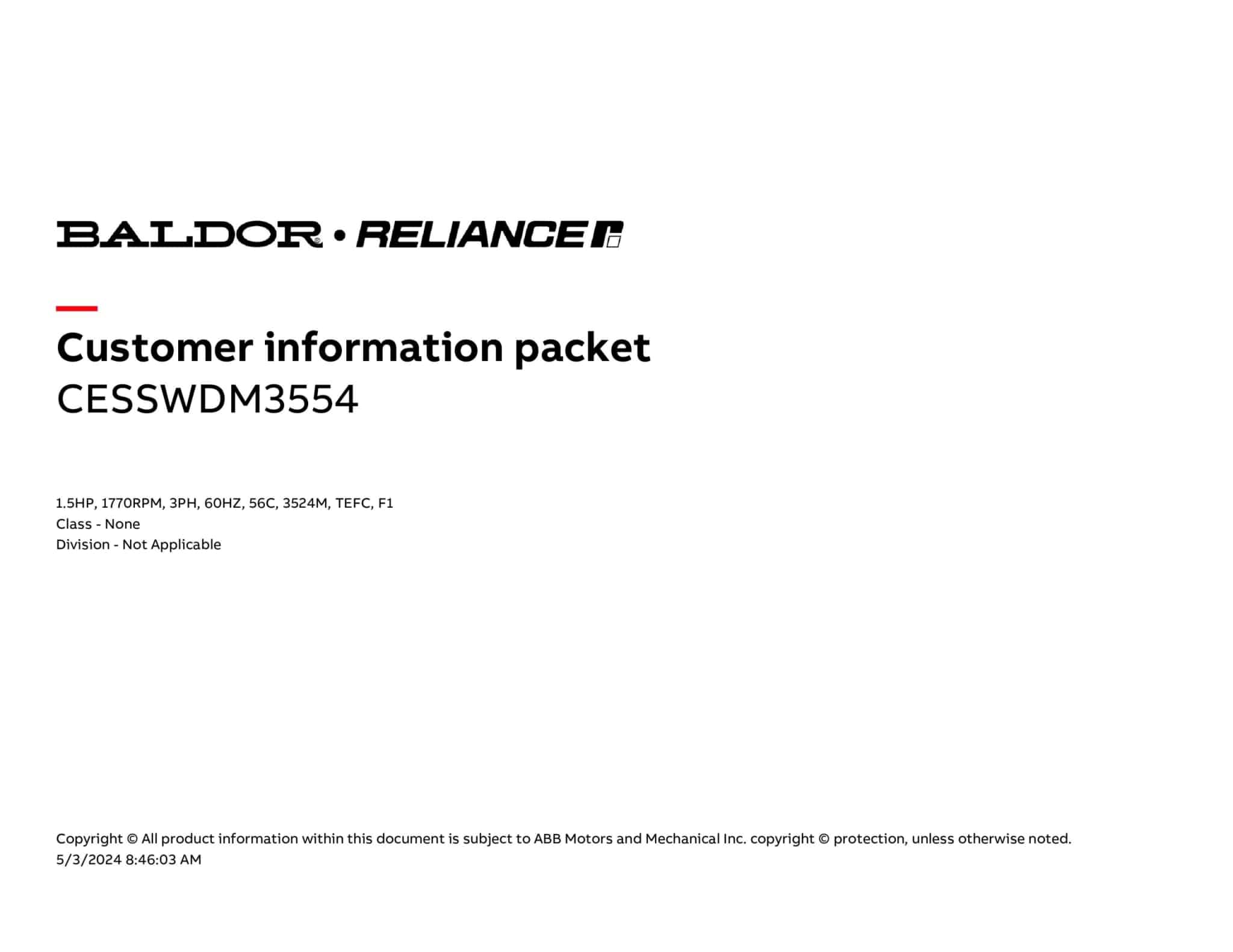 Baldor 1.5 HP, 1770 RPM, 3 Phase, 60 Hz, 56C, 3524M, TEFC, F1 - CESSWDM3554 - Image 4