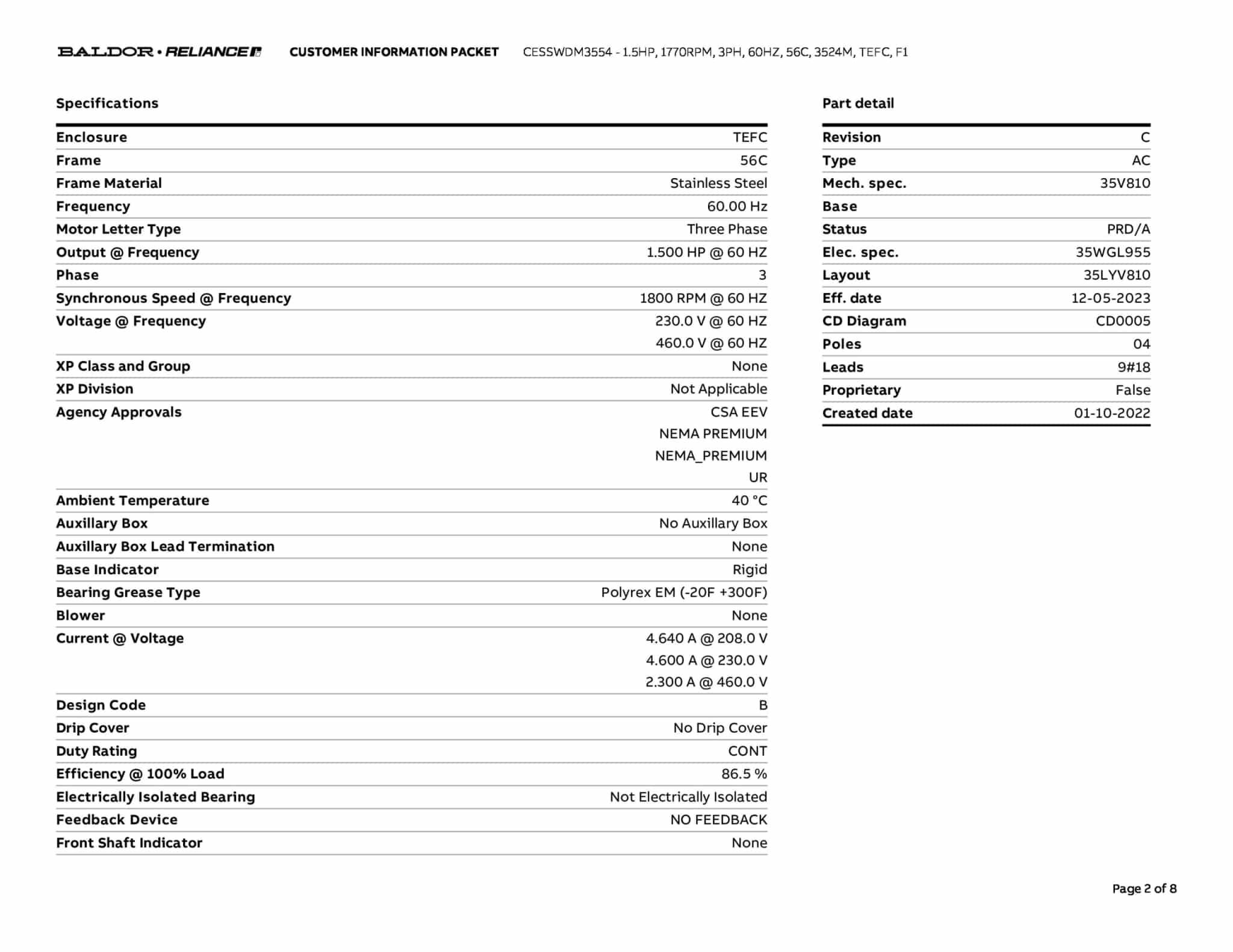 Baldor 1.5 HP, 1770 RPM, 3 Phase, 60 Hz, 56C, 3524M, TEFC, F1 - CESSWDM3554 - Image 5