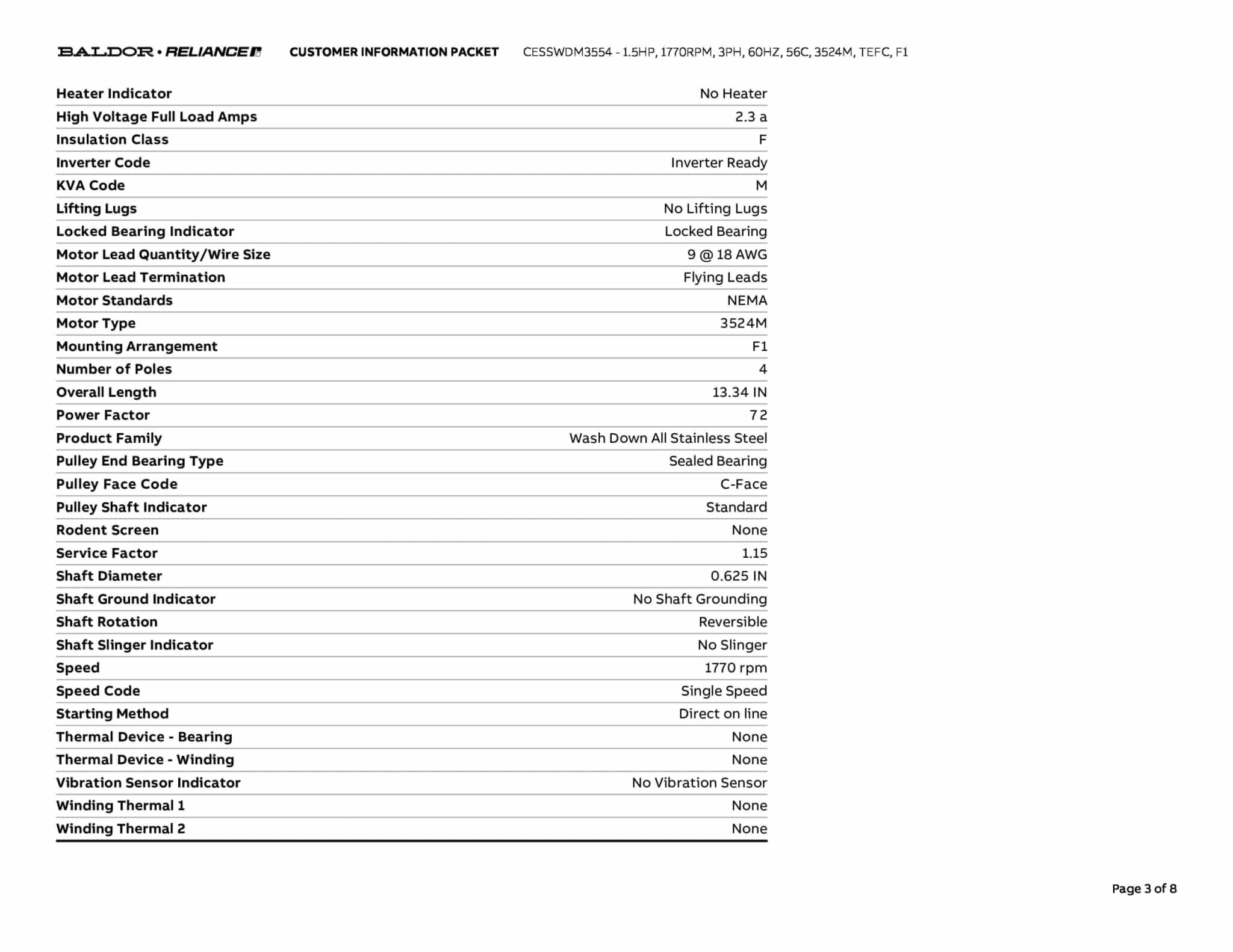 Baldor 1.5 HP, 1770 RPM, 3 Phase, 60 Hz, 56C, 3524M, TEFC, F1 - CESSWDM3554 - Image 6