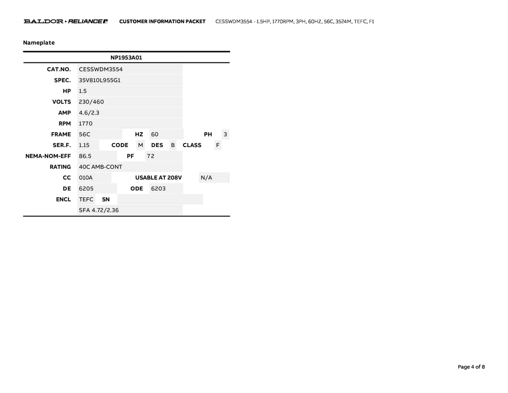 Baldor 1.5 HP, 1770 RPM, 3 Phase, 60 Hz, 56C, 3524M, TEFC, F1 - CESSWDM3554 - Image 7