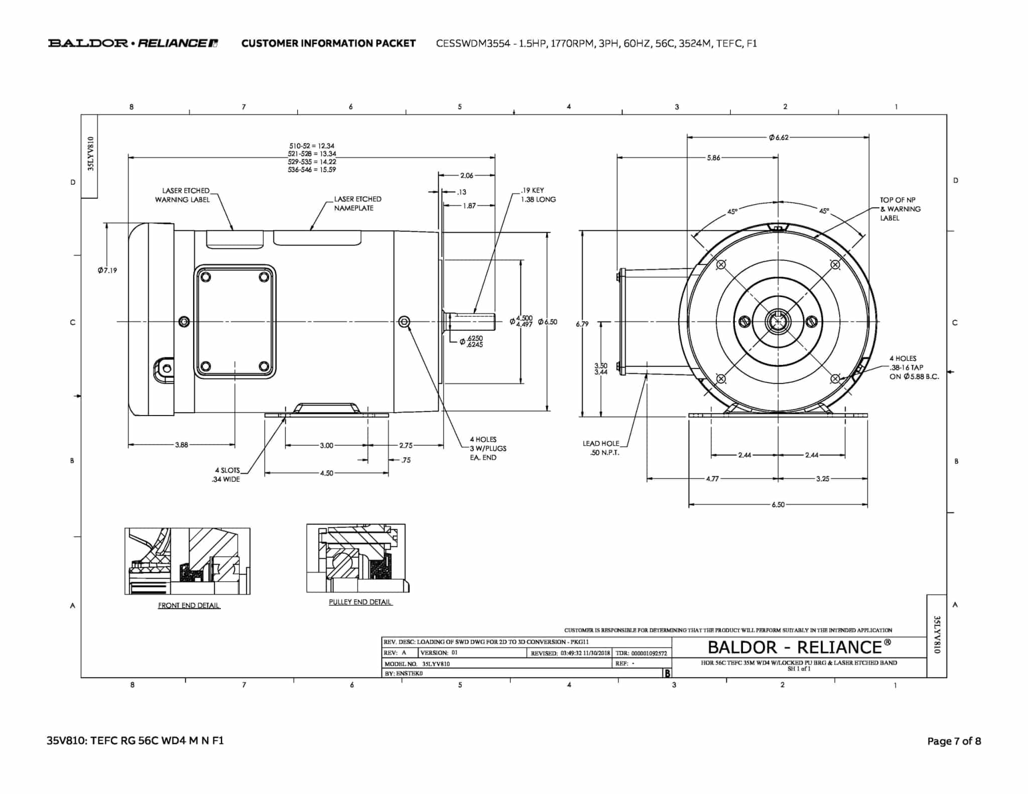 Baldor 1.5 HP, 1770 RPM, 3 Phase, 60 Hz, 56C, 3524M, TEFC, F1 - CESSWDM3554 - Image 10