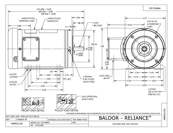 Baldor 1.5 HP, 1760 RPM, 3 Phase, 60 Hz, 56HC, TEFC, F1 - CESSWDM3554-H - Image 2