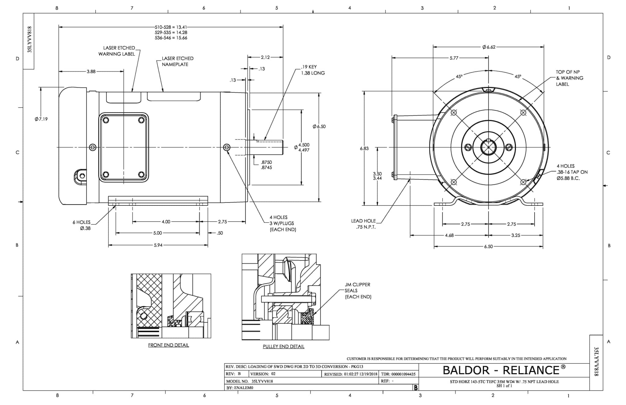 Baldor 2 HP, 3450 RPM, 3 Phase, 60 Hz, 145TC, 3532M, TEFC, F1 - CESSWDM3555T - Image 2