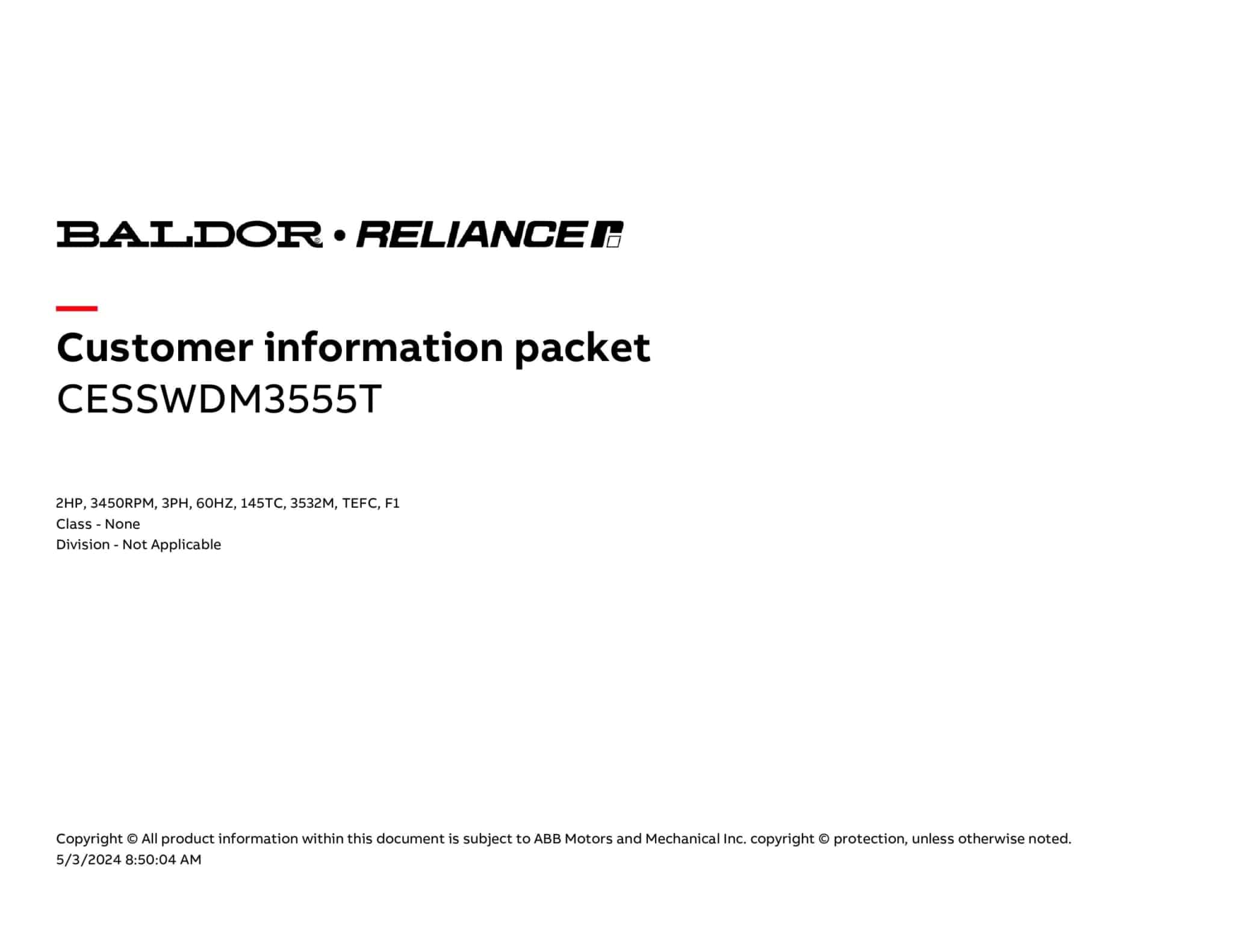 Baldor 2 HP, 3450 RPM, 3 Phase, 60 Hz, 145TC, 3532M, TEFC, F1 - CESSWDM3555T - Image 4