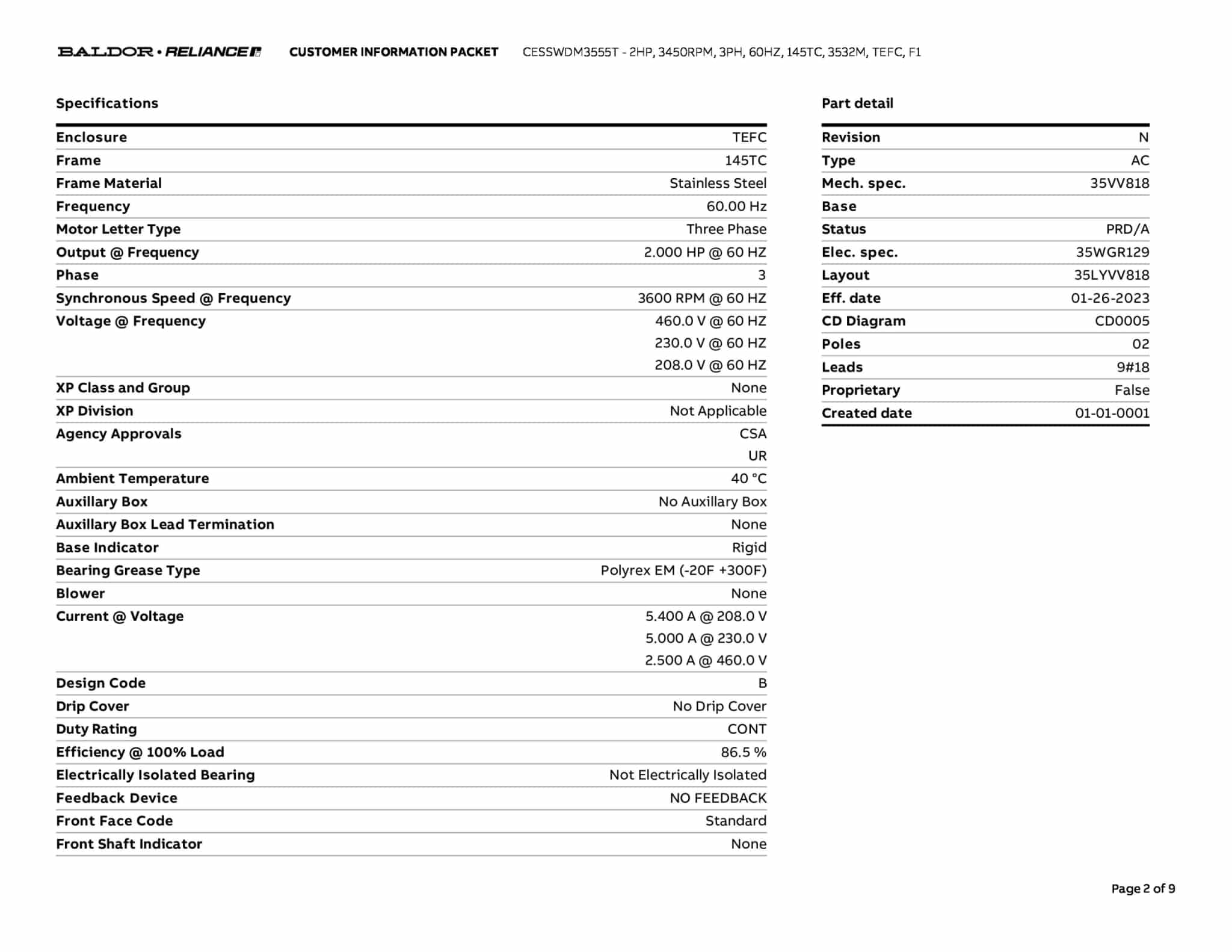 Baldor 2 HP, 3450 RPM, 3 Phase, 60 Hz, 145TC, 3532M, TEFC, F1 - CESSWDM3555T - Image 5