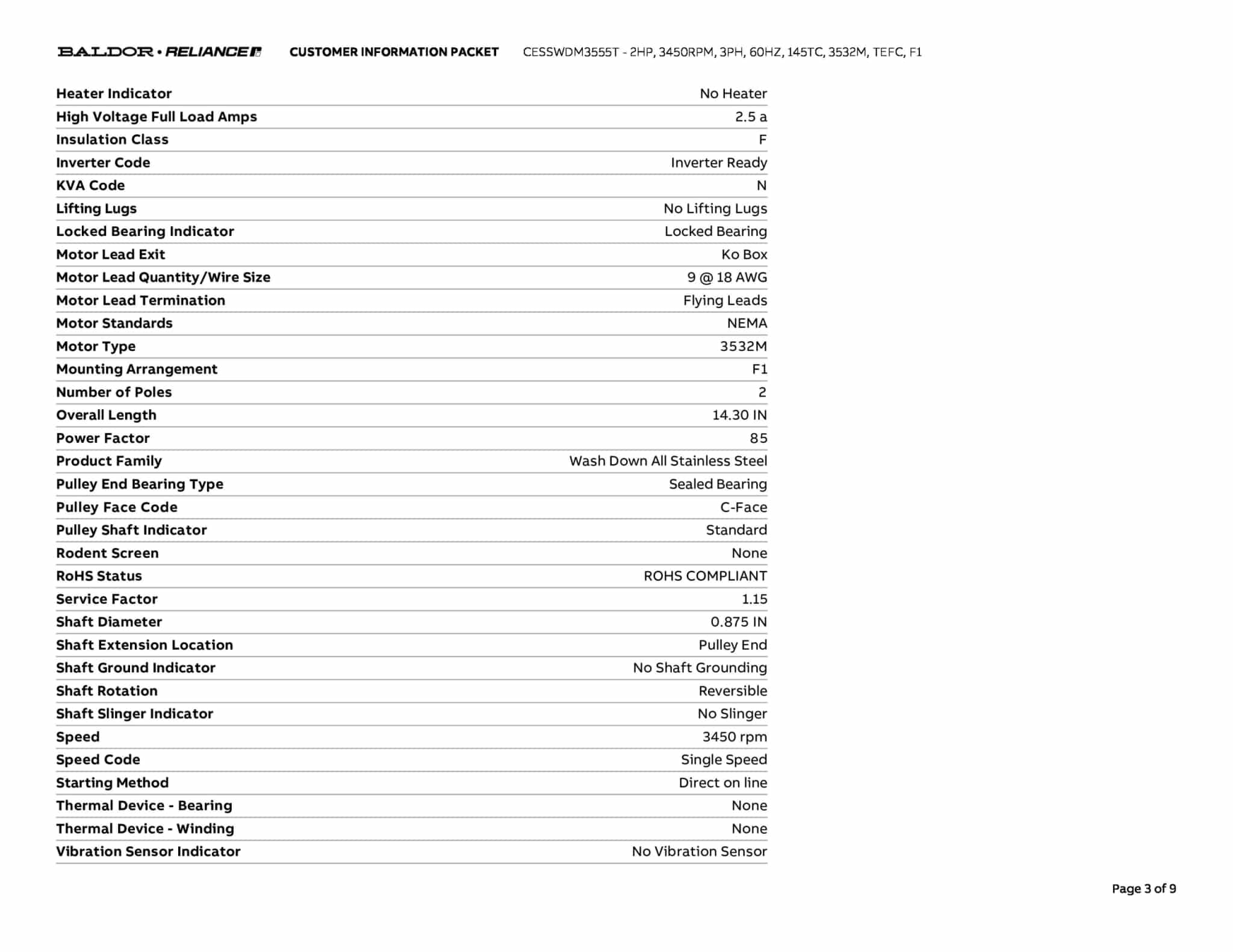 Baldor 2 HP, 3450 RPM, 3 Phase, 60 Hz, 145TC, 3532M, TEFC, F1 - CESSWDM3555T - Image 6
