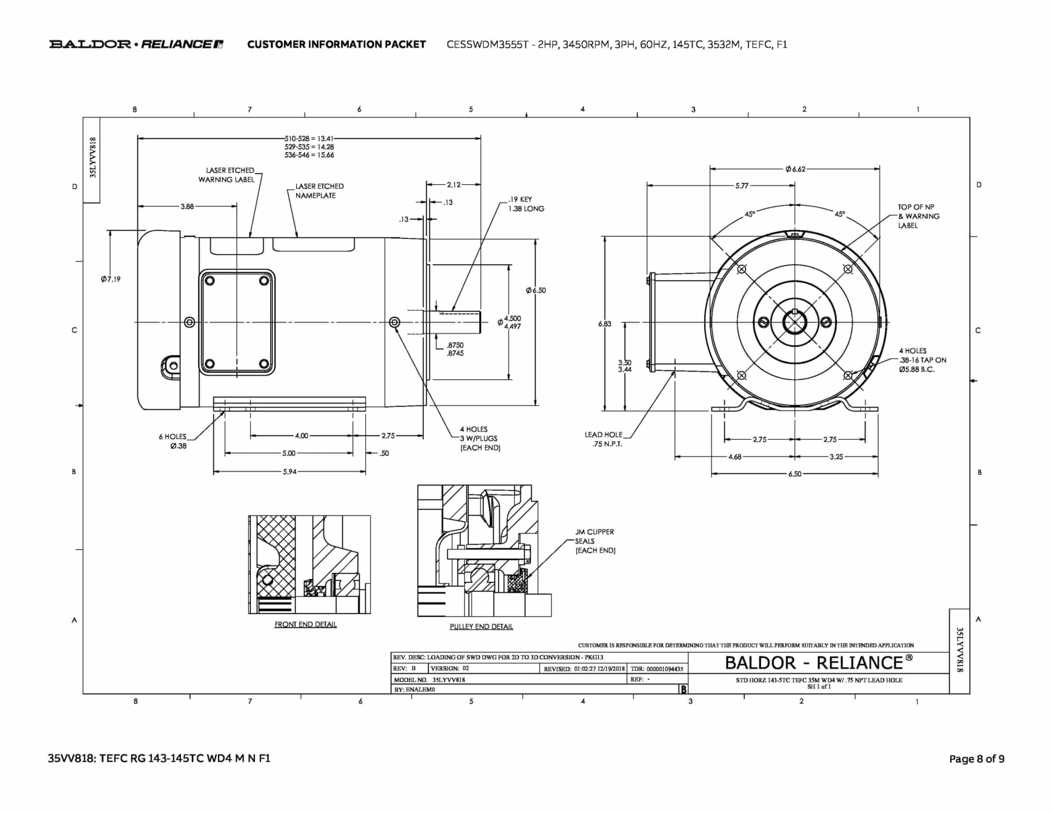 Baldor 2 HP, 3450 RPM, 3 Phase, 60 Hz, 145TC, 3532M, TEFC, F1 - CESSWDM3555T - Image 11