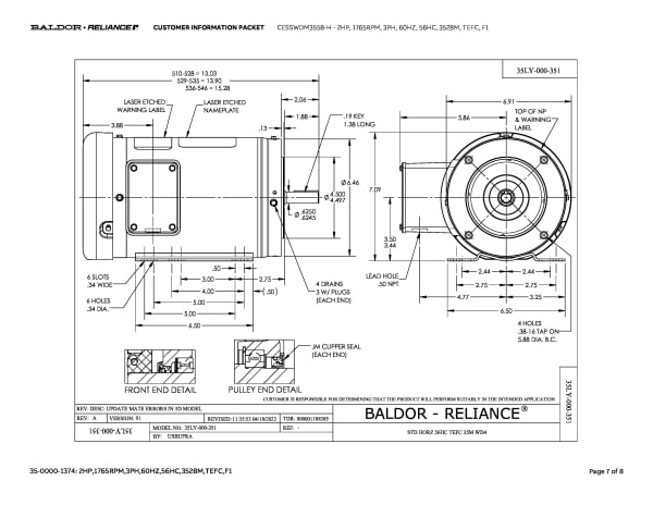Baldor 2 HP, 1765 RPM, 3 Phase, 60 Hz, 56HC, 3528M, TEFC, F1 - CESSWDM3558-H - Image 10