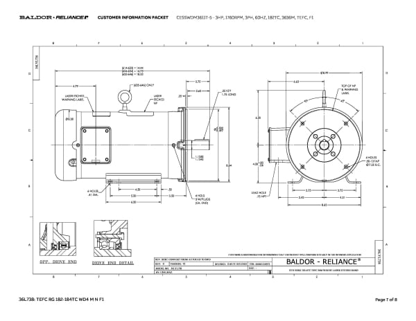 Baldor 3 HP, 1760 RPM, 3 Phase, 60 Hz, 182TC, 3636M, TEFC, F1 - CESSWDM3611T-5 (575 VAC Only) - Image 10