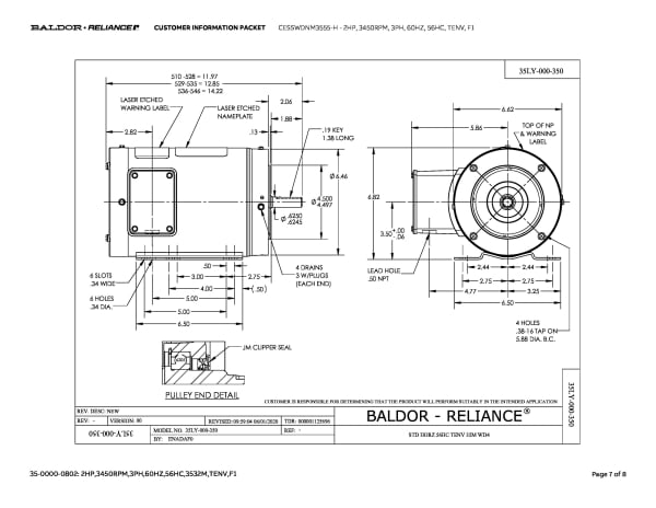 Baldor 2 HP, 3450 RPM, 3 Phase, 60 Hz, 56HC, TENV, F1 - CESSWDNM3555-H - Image 10