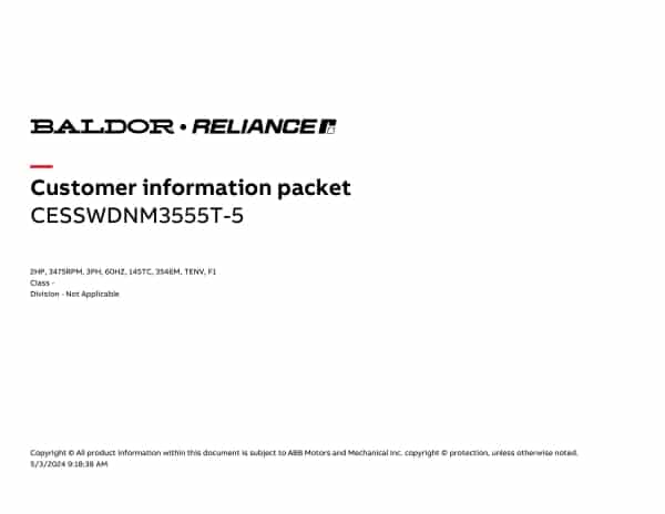 Baldor CESSWDNM3555T-5 - 2 HP, 3475 RPM, 3 Phase, 60 Hz, 145TC, 3546M, TENV, F1 (575 VAC Only) - Image 4