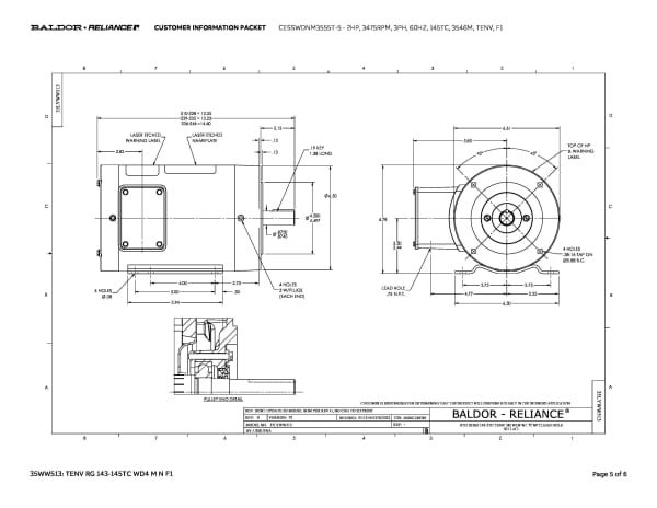 Baldor CESSWDNM3555T-5 - 2 HP, 3475 RPM, 3 Phase, 60 Hz, 145TC, 3546M, TENV, F1 (575 VAC Only) - Image 8