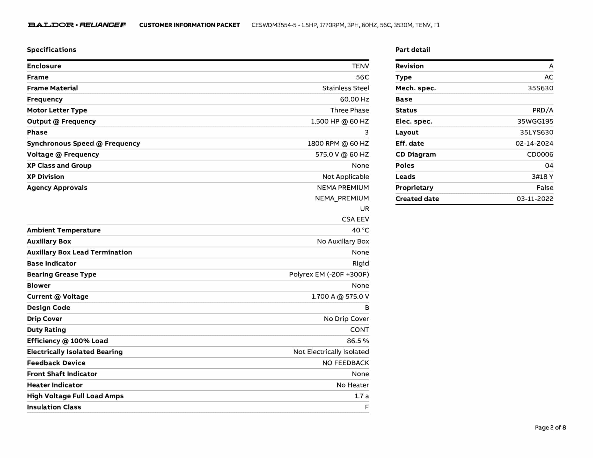 Baldor CESWDM3554-5 - 1.5 HP, 1755 RPM, 3 Phase, 60 Hz, 56C, 3534M, TENV, F1 (575 VAC Only) - Image 5