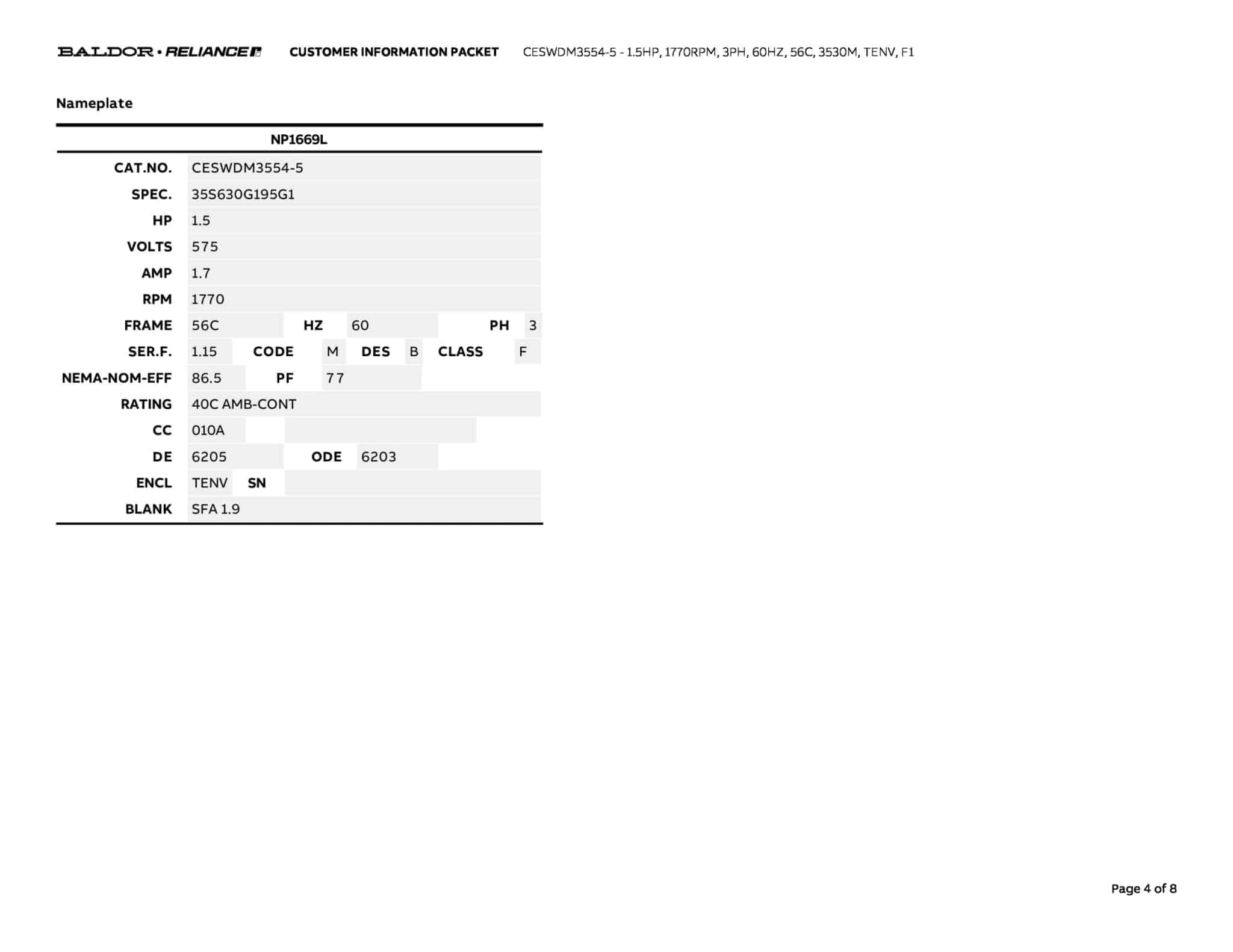 Baldor CESWDM3554-5 - 1.5 HP, 1755 RPM, 3 Phase, 60 Hz, 56C, 3534M, TENV, F1 (575 VAC Only) - Image 7