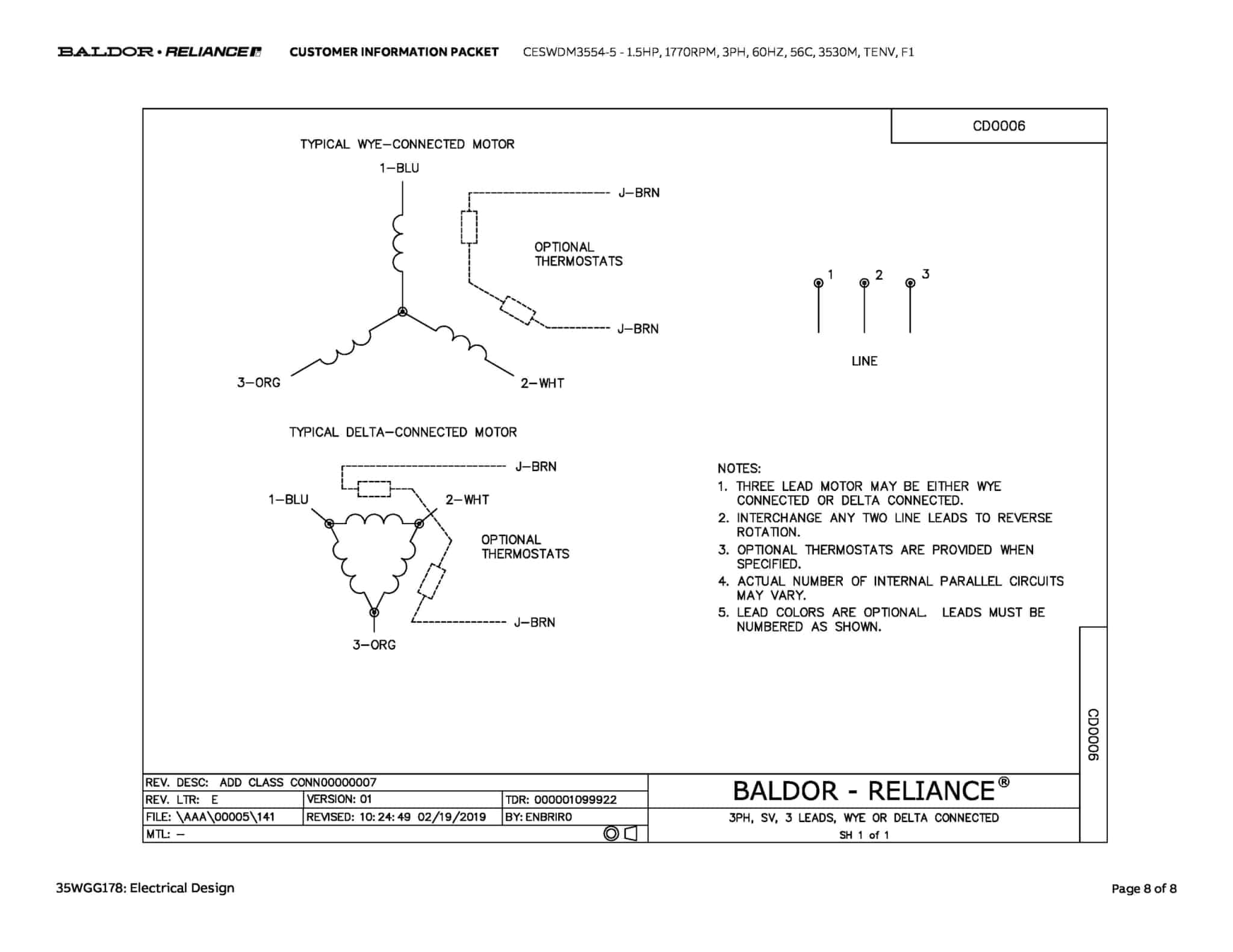 Baldor CESWDM3554-5 - 1.5 HP, 1755 RPM, 3 Phase, 60 Hz, 56C, 3534M, TENV, F1 (575 VAC Only) - Image 11