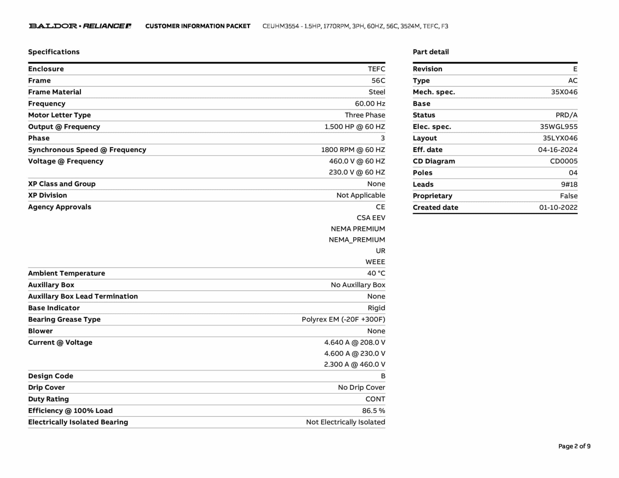 Baldor 1.5 HP, 1770 RPM, 3 Phase, 60 Hz, 56C, 3524M, TEFC, F3 - CEUHM3554 - Image 5