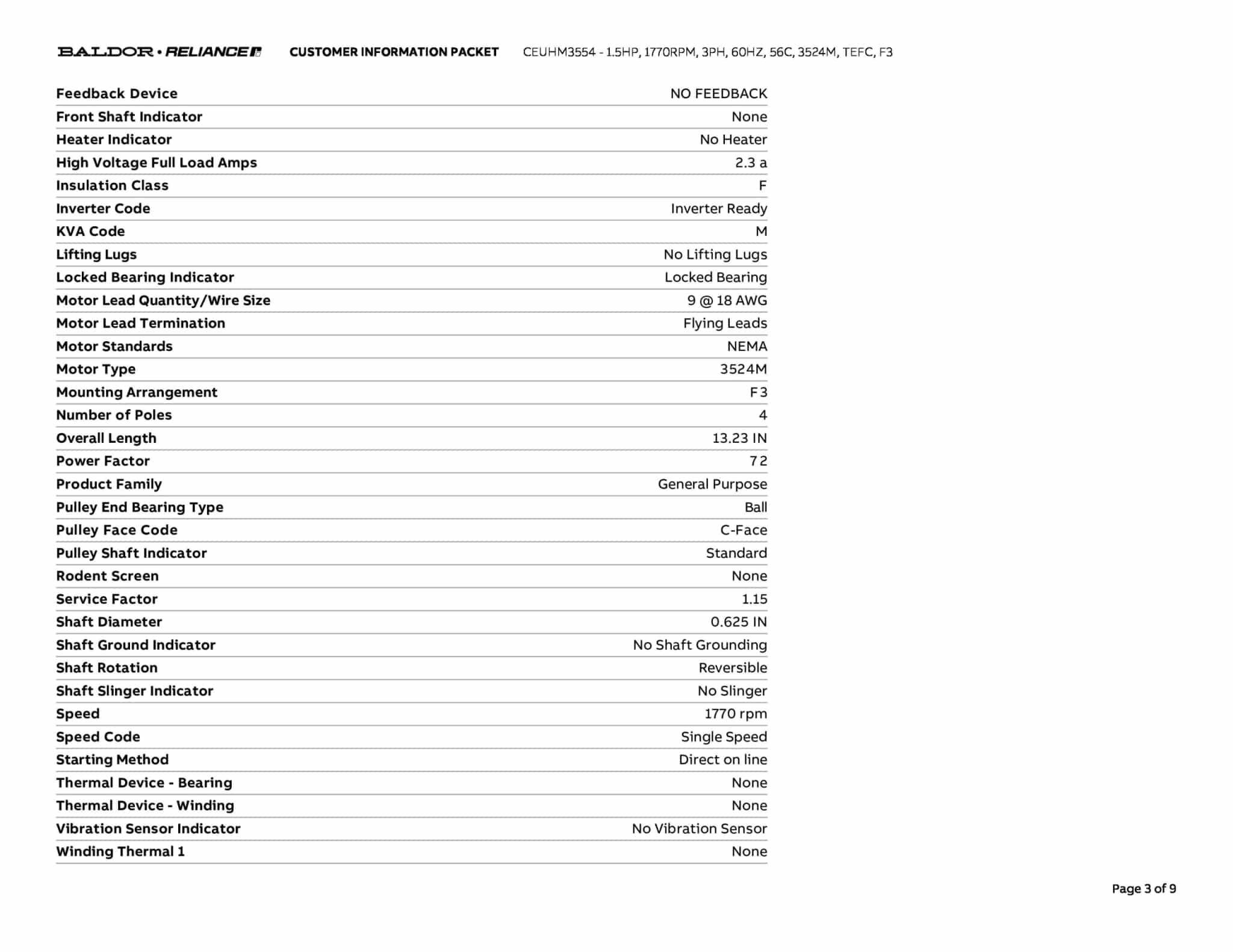 Baldor 1.5 HP, 1770 RPM, 3 Phase, 60 Hz, 56C, 3524M, TEFC, F3 - CEUHM3554 - Image 6