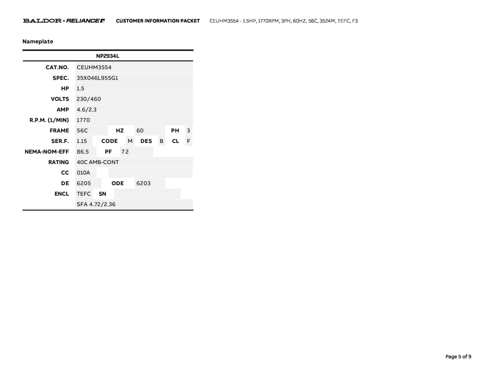 Baldor 1.5 HP, 1770 RPM, 3 Phase, 60 Hz, 56C, 3524M, TEFC, F3 - CEUHM3554 - Image 8