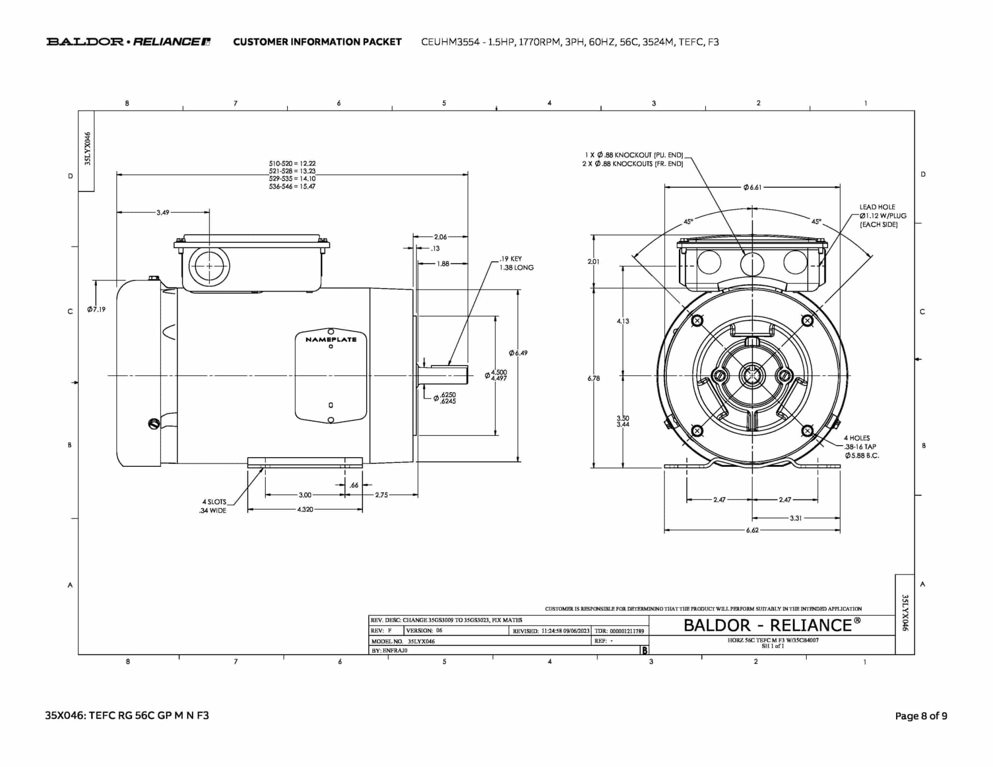 Baldor 1.5 HP, 1770 RPM, 3 Phase, 60 Hz, 56C, 3524M, TEFC, F3 - CEUHM3554 - Image 11