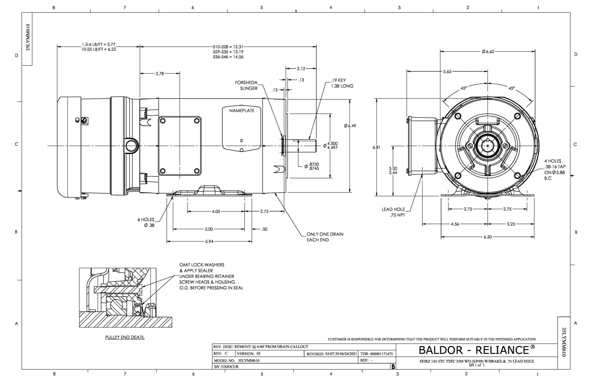 Baldor 2 HP, 1760 RPM, 3 Phase, 60 Hz, 145TC, 3528M, TEFC, F1 - CEWDBM3558T - Image 2