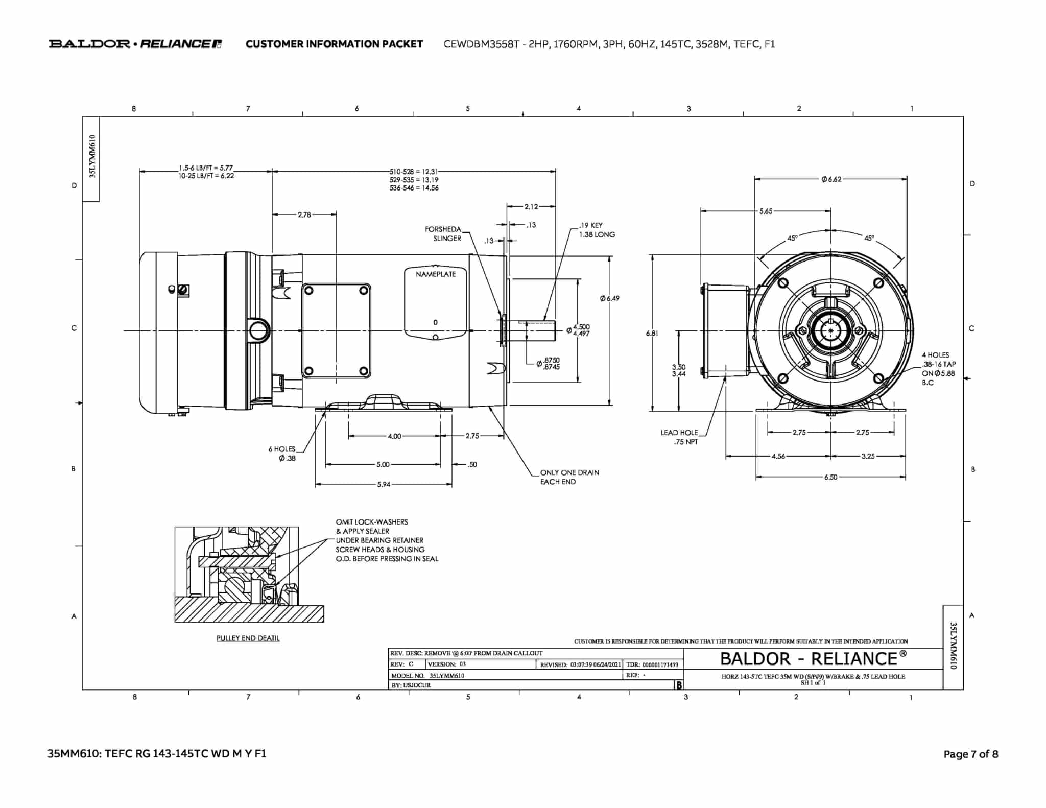 Baldor 2 HP, 1760 RPM, 3 Phase, 60 Hz, 145TC, 3528M, TEFC, F1 - CEWDBM3558T - Image 10