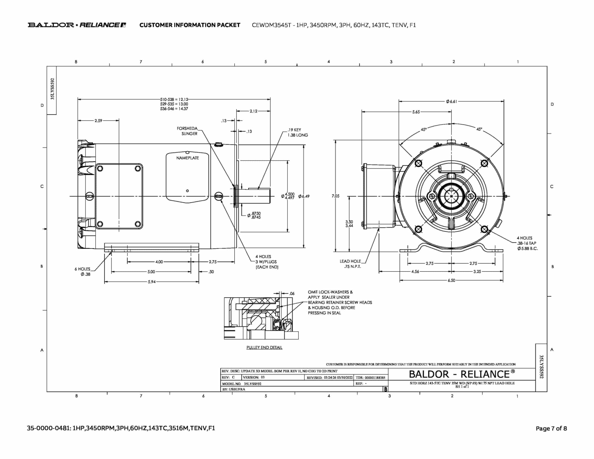 Baldor 1 HP, 3450 RPM, 3 Phase, 60 Hz, 143TC, TENV, F1 - CEWDM3545T - Image 10
