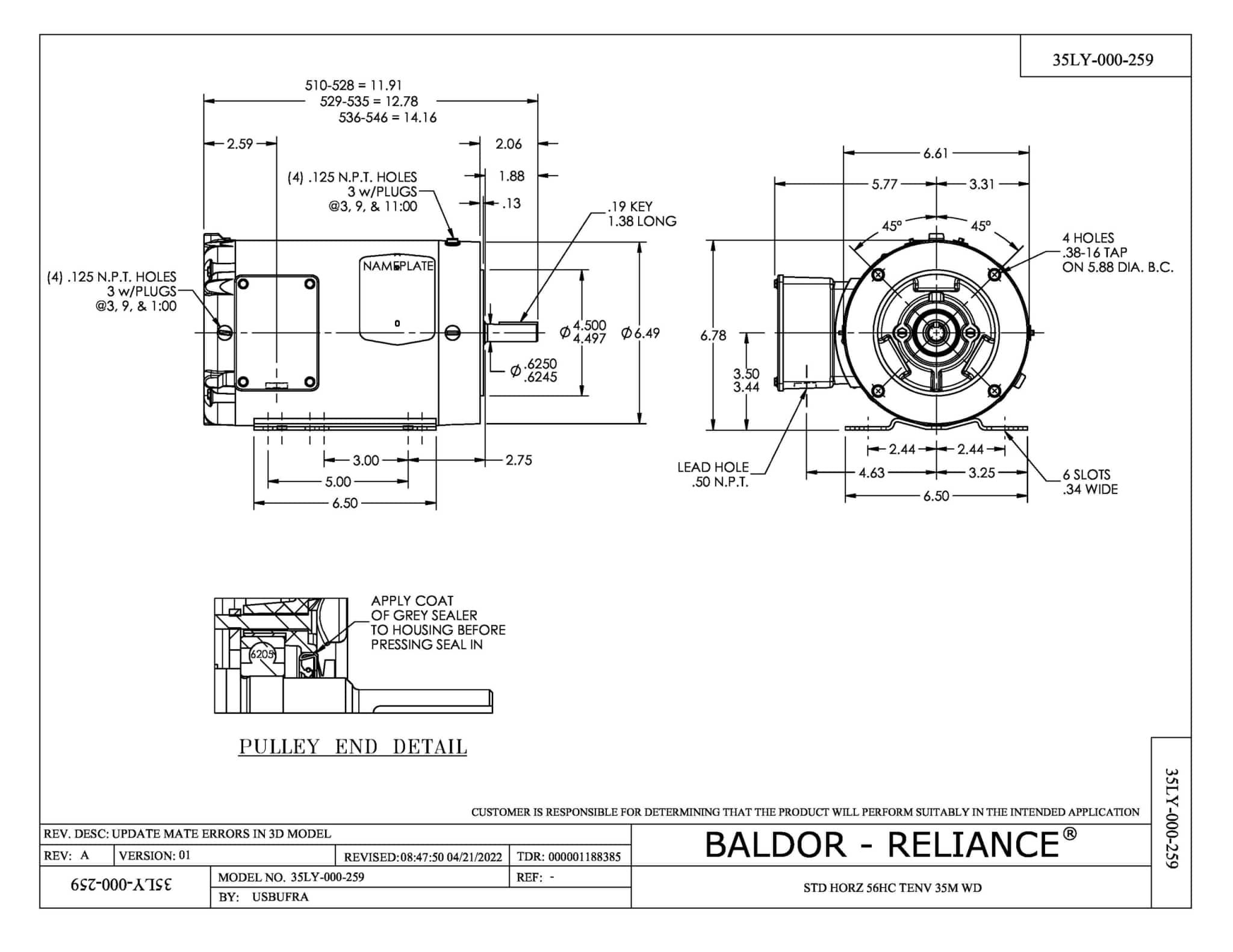 Baldor 1 HP, 1775 RPM, 3 Phase, 60 Hz, 56HC, 3522M, TENV, F1 - CEWDM3546-H - Image 2