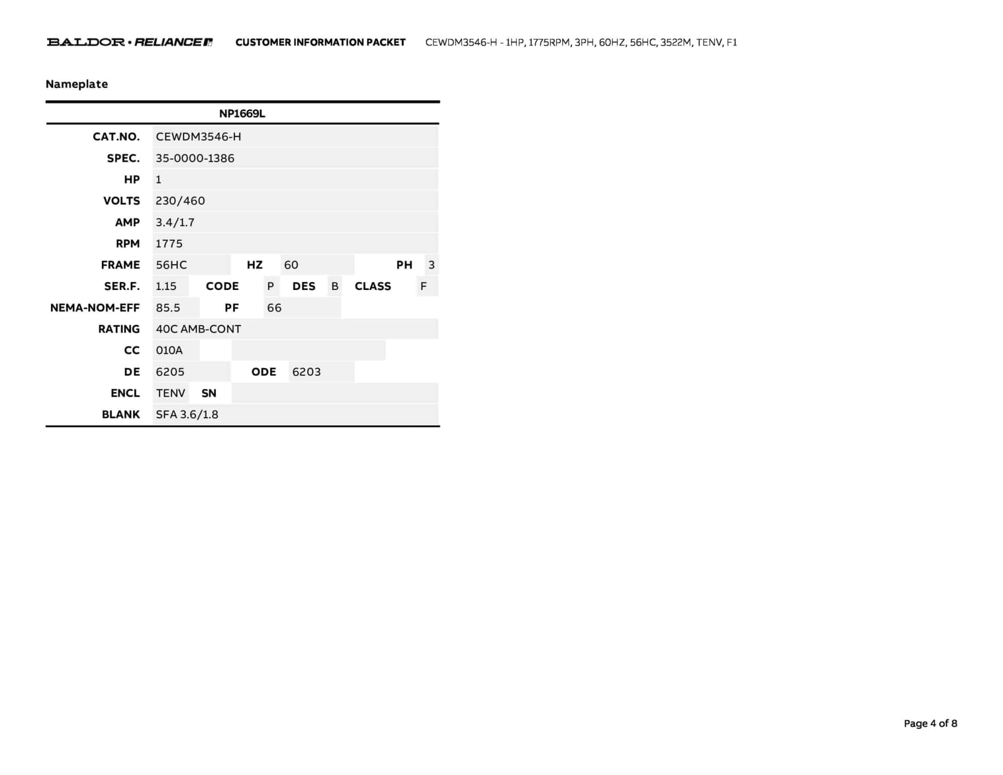 Baldor 1 HP, 1775 RPM, 3 Phase, 60 Hz, 56HC, 3522M, TENV, F1 - CEWDM3546-H - Image 7