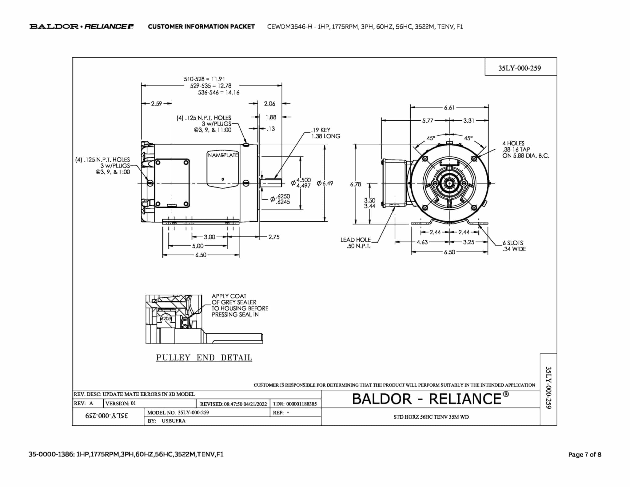 Baldor 1 HP, 1775 RPM, 3 Phase, 60 Hz, 56HC, 3522M, TENV, F1 - CEWDM3546-H - Image 10