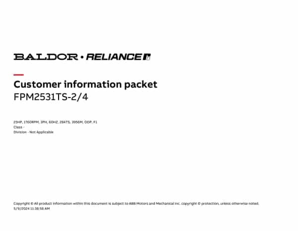 Baldor 25 HP, 1760 RPM, 3 Phase, 60 Hz, 284TS, 3956M, ODP, F1 - FPM2531TS-2/4 - Image 4