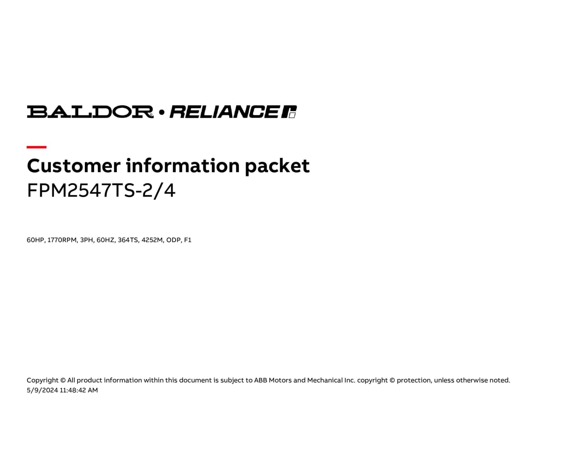 Baldor 60 HP, 1770 RPM, 3 Phase, 60 Hz, 364TS, 4252M, ODP, F1 - FPM2547TS-2/4 - Image 4