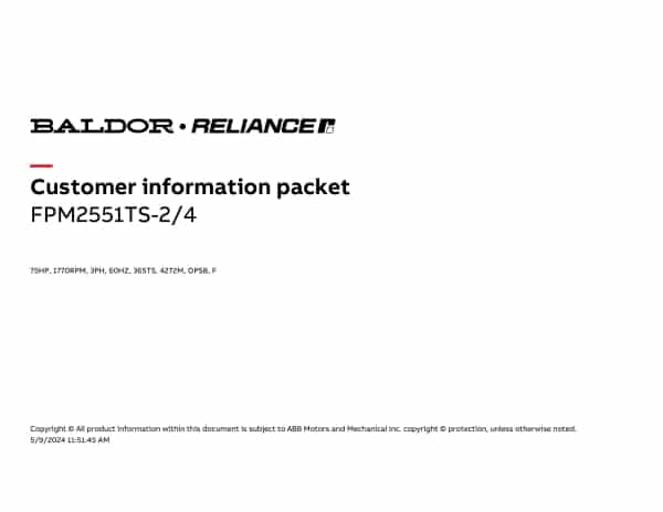 Baldor 75 HP, 1770 RPM, 3 Phase, 60 Hz, 365TS, 4272M, OPSB, F - FPM2551TS-2/4 - Image 4