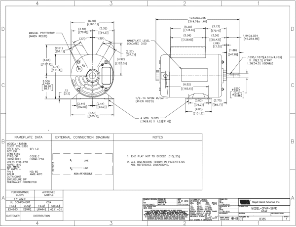 Air Compressor Motor, 5 SPL HP, 1 Ph, 60 Hz, 208-230 V, 3600 RPM, P56 Frame, DP - B385 - Image 2